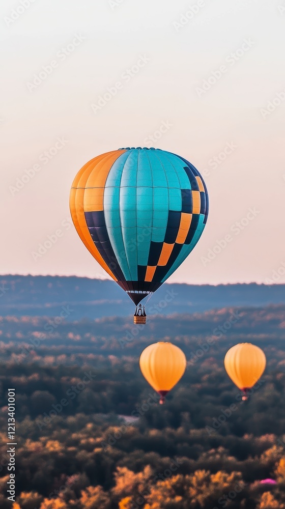 Fototapeta premium Colorful Hot Air Balloons Soaring Over Autumn Landscape