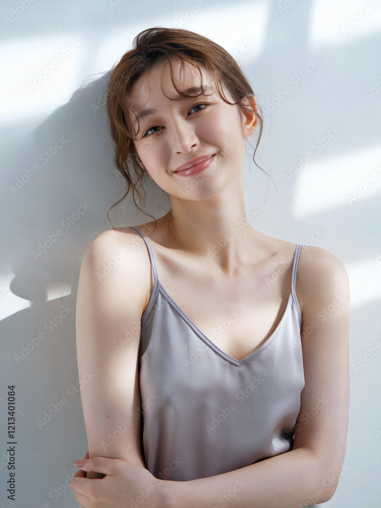 © Ice Cream Paradise - 軽く首を傾げ、口元を優しく微笑みながらリラックスした姿勢で立っている若い日本人女性