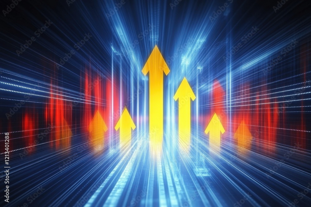 Bright yellow arrows ascend in a futuristic, data-driven tunnel. Illustrates growth, progress, and technological advancement. Bright yellow arrows ascend in a futuristic, data-driven tunnel. Illustrates growth, progress, and technological advancement.