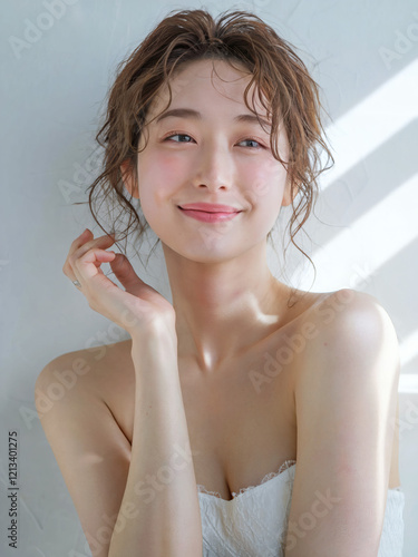 ゆるいウェーブのかかったふんわりとしたセミロングの髪を持ち、リラックスした自然なポーズで穏やかな笑みを浮かべている若い日本人女性