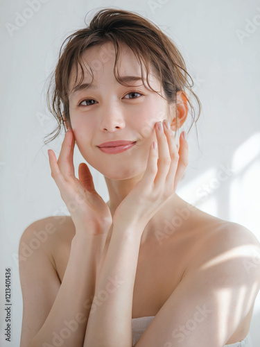 優しく顔に触れる自然なポーズで美しく気品を漂わせる若い日本人女性