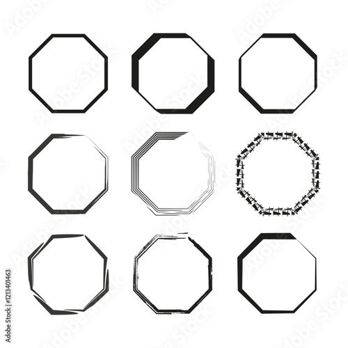 Octagon shape icon. Abstract geometric outline. Hand drawn elements. Black vector frames.