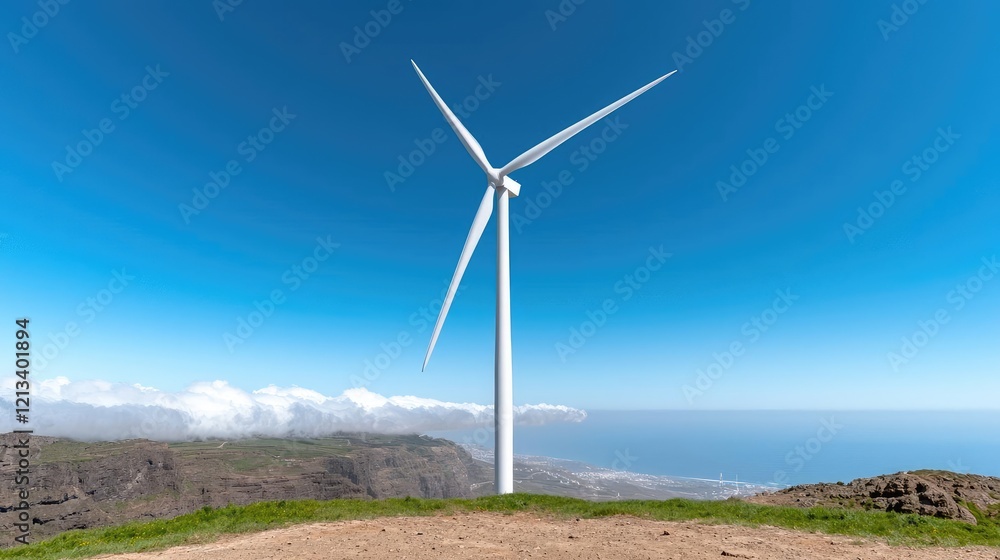 Wind turbine atop hill, ocean view, clear sky, renewable energy Wind turbine atop hill, ocean view, clear sky, renewable energy