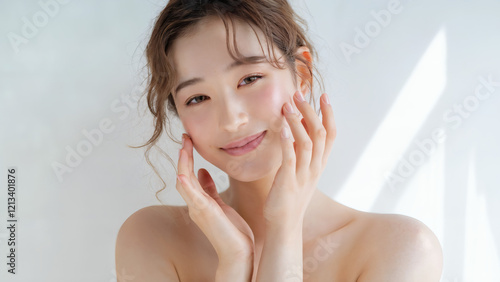 優しく顔に触れる自然なポーズで美しく気品を漂わせる若い日本人女性