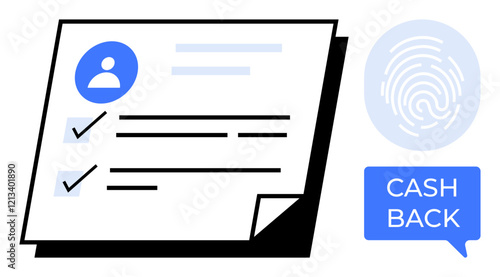 Document icon with user profile, checkmarks, text lines, fingerprint symbol, and Cash Back bubble. Ideal for online verification, security, identity management, incentives digital signatures