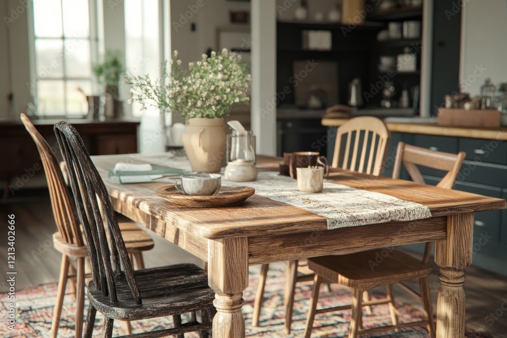 Rustic dining room, morning sunlight, kitchen view, breakfast setup, home decor Rustic dining room, morning sunlight, kitchen view, breakfast setup, home decor