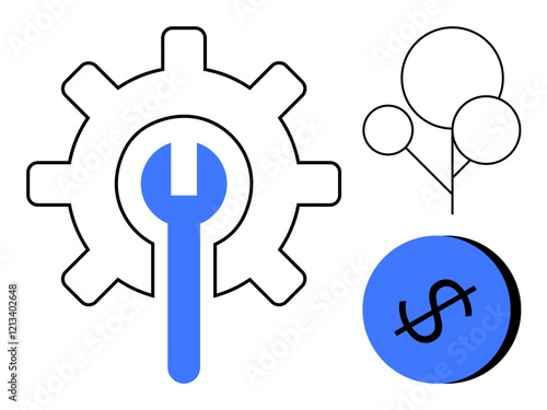 Gear with wrench, dollar coin, network nodes. Ideal for business innovation, finance optimization, technological integration, problem-solving, economic growth, system networking and process