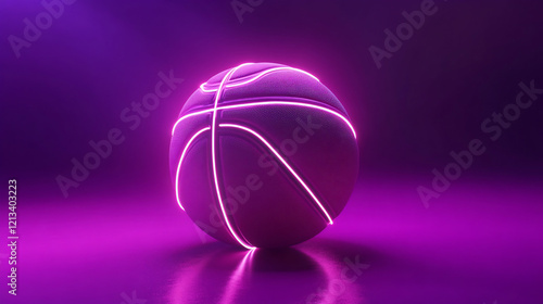 Glowing neon pink basketball on purple background.