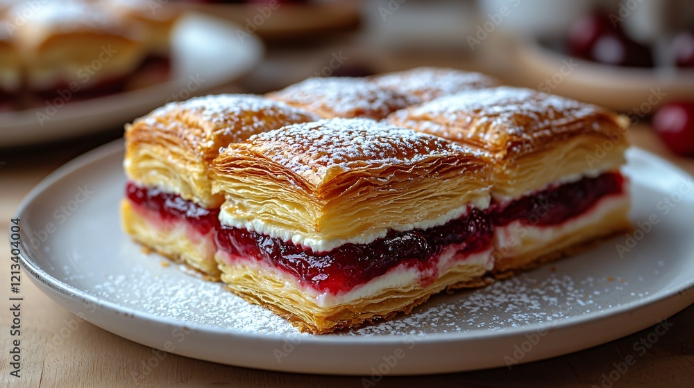 Delicious cherry pastries, dusted with powdered sugar, on a plate. Food photography for recipes Delicious cherry pastries, dusted with powdered sugar, on a plate. Food photography for recipes