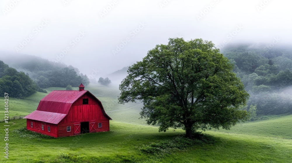 Obraz premium Red barn on misty hillside, tree, farm scene, nature wallpaper