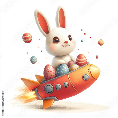 Cartoon Easter bunny delivering colorful Easter eggs in a rocket ship in a whimsical and playful sticker design photo