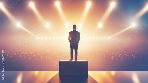 Standing in the Spotlight: A lone figure, silhouetted against a backdrop of bright stage lights, stands confidently on a raised platform, symbolizing success and leadership.
