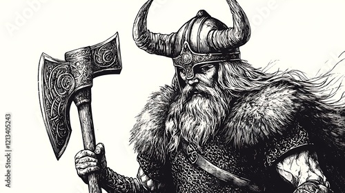 Viking warrior with horned helmet and raised battle axe in black and white engraving style