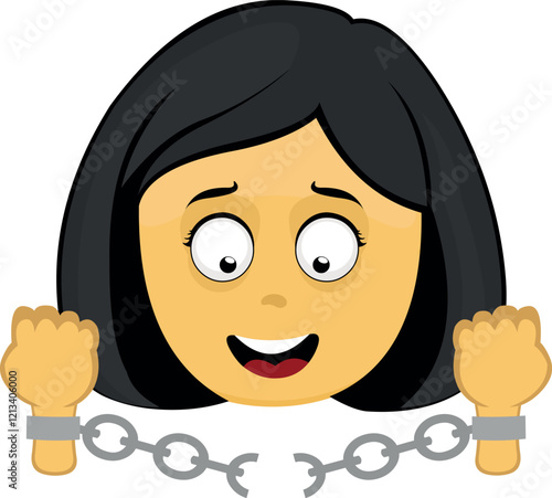 vector illustration yellow emoji face character woman cartoon breaking chains in freedom and enmancipation