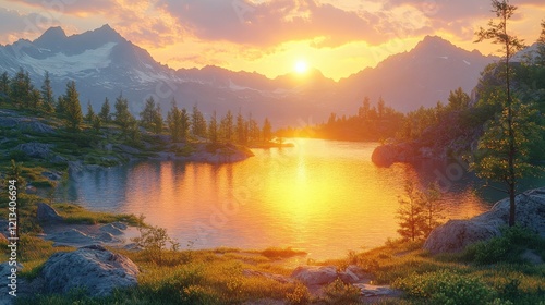 Serene sunset over a tranquil lake surrounded by mountains and lush greenery, evoking peace