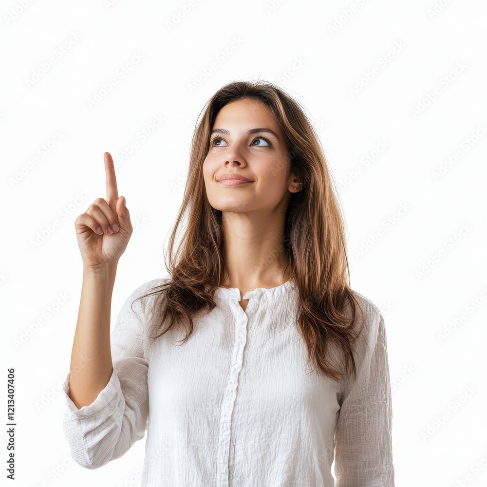 Confident Woman Pointing Upward with Positive Life Attitude Confident Woman Pointing Upward with Positive Life Attitude