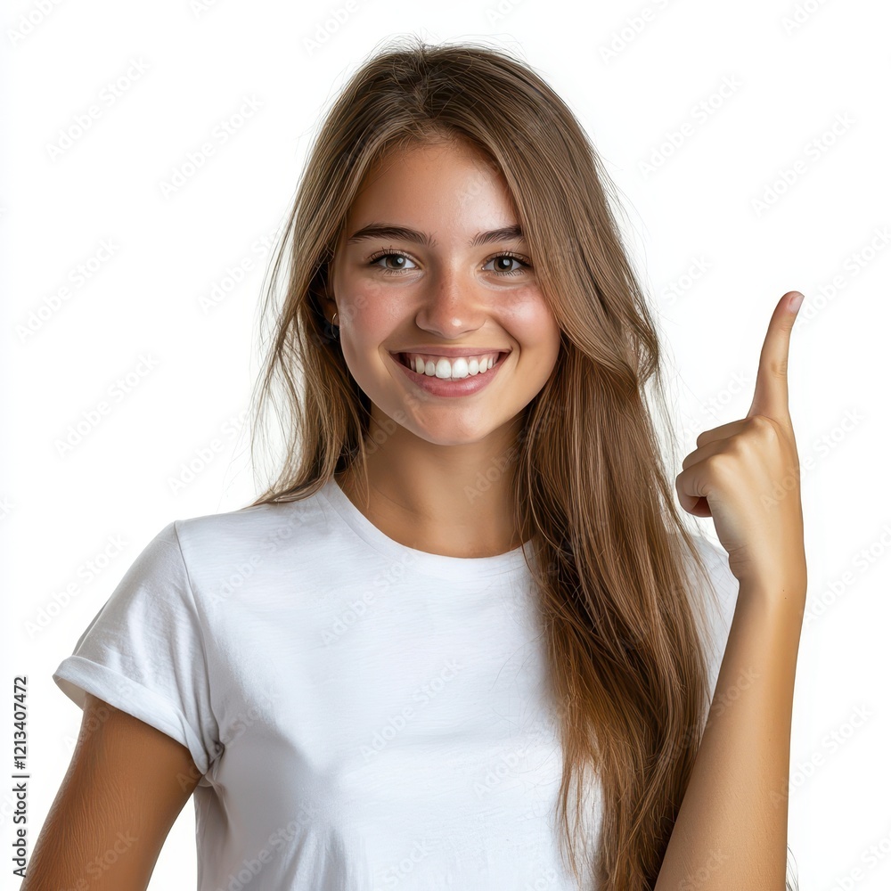 Realistic Portrait of Smiling Woman Pointing with Positive Energy Realistic Portrait of Smiling Woman Pointing with Positive Energy