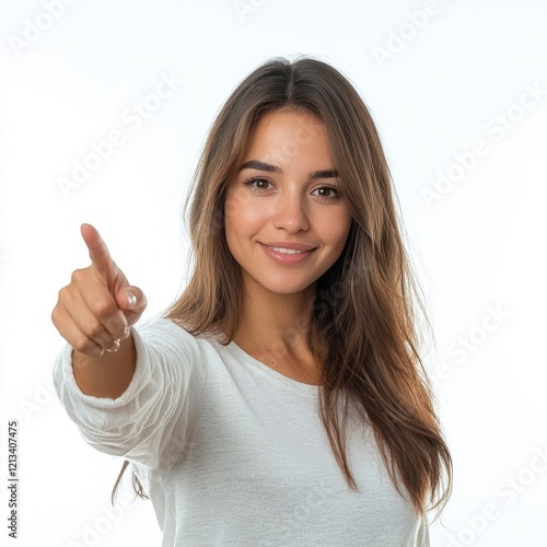 Wallpaper Mural Realistic Portrait of Woman Pointing Forward with Engaging Expression Torontodigital.ca