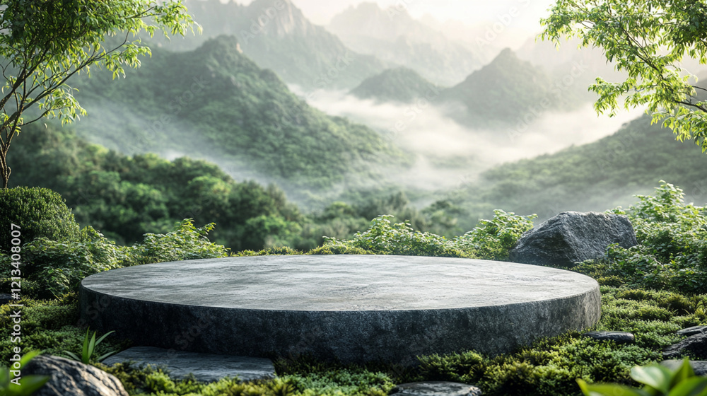 Fototapeta premium A stone podium for product display, with a background of green tea leaves and a mountain 