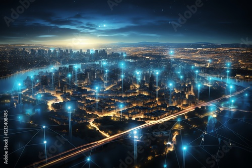 Wallpaper Mural Night city skyline with glowing network connections. Torontodigital.ca