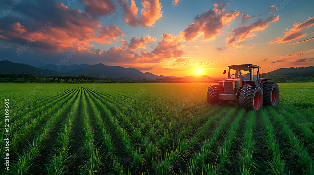 Fototapeta premium Tractor sunset field agriculture farming landscape mountains