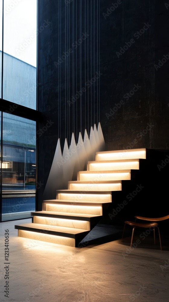 Obraz premium Modern Illuminated Staircase Concrete Wall Geometric Design Interior Architecture