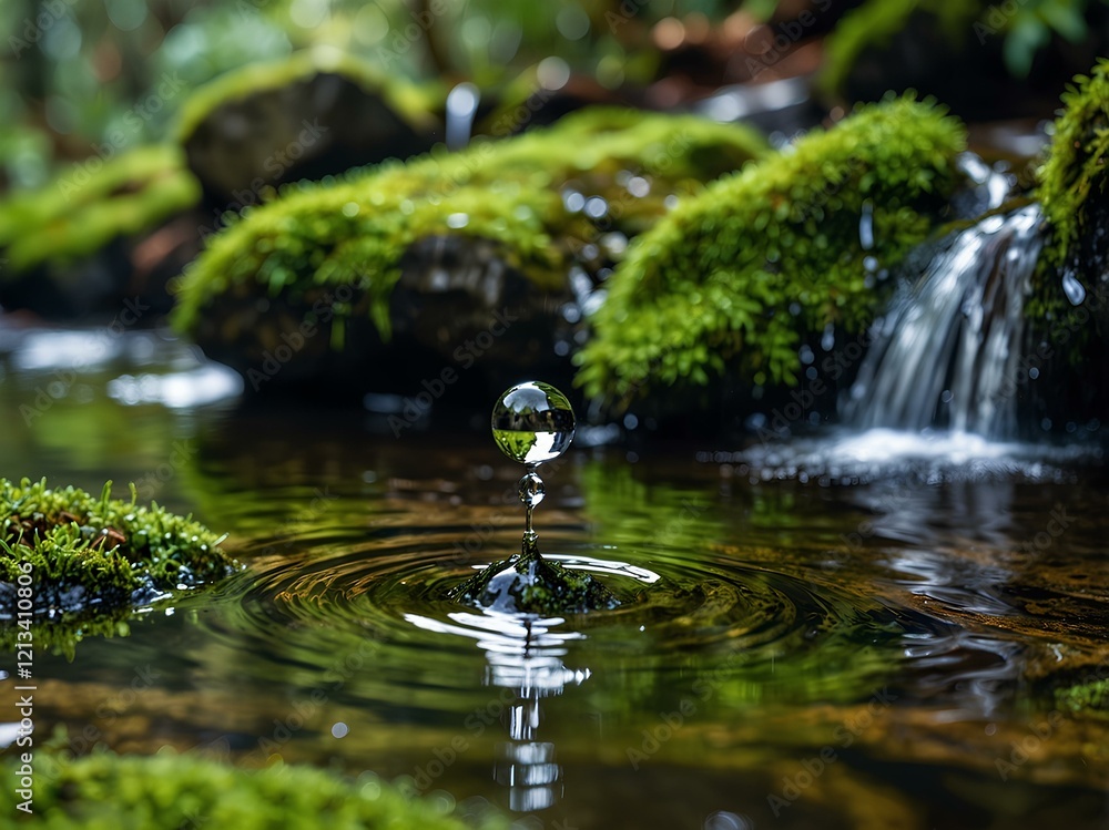 Fototapeta premium A Tranquil Scene in the Indonesian Forest, Where Water Droplets Fall from Mossy Rocks into a Clear River, Creating Small Circles on the Water's Surface, Surrounded by Blurry Greenery in the Background
