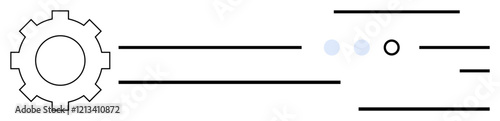 Gear symbol with horizontal lines, dots, and circles illustrates connectivity and automation. Ideal for tech advancement, process improvement, innovation, efficiency, mechanical engineering