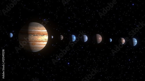 Jupiter and its moons in space, detailed view of the gas giant and its satellites against a starry backdrop. photo