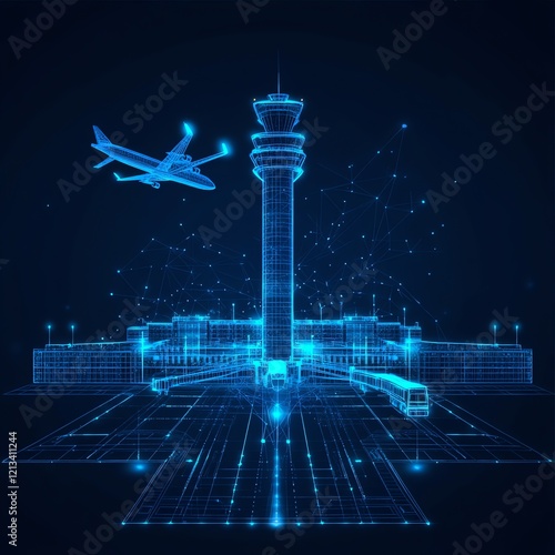 Futuristic airport with plane, tower, and connecting lines.