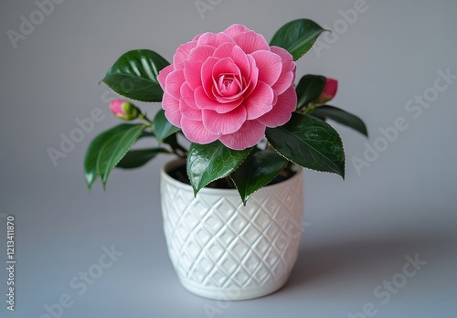 Wallpaper Mural Camellia in a white woven pot with pink-green leaves and purple-pink flower, isolated on white background, high-quality details. Torontodigital.ca