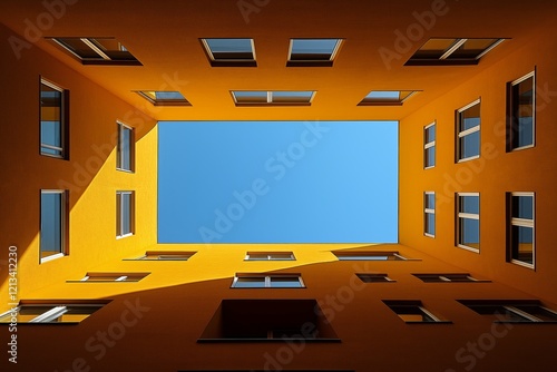 Bright yellow courtyard walls with windows forming a frame for the open blue sky and natural light photo