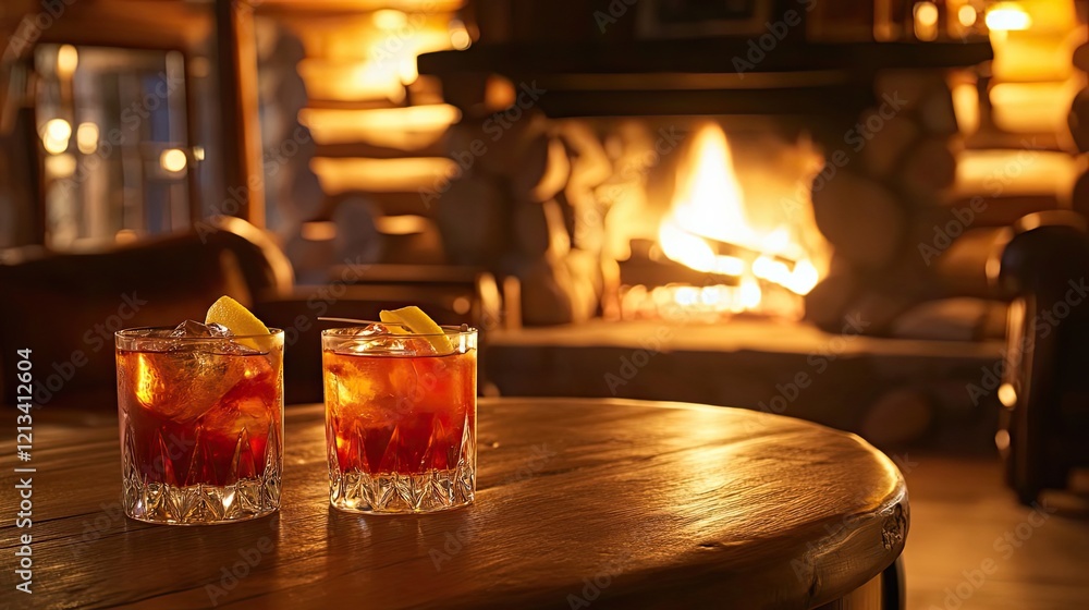Two Cocktails Beside A Cozy Fireplace In A Cabin Two Cocktails Beside A Cozy Fireplace In A Cabin