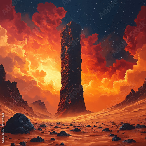 Towering Monolith in Fiery Alien Desert Landscape with Glowing Clouds, Rugged Terrain, and Starry Night Sky