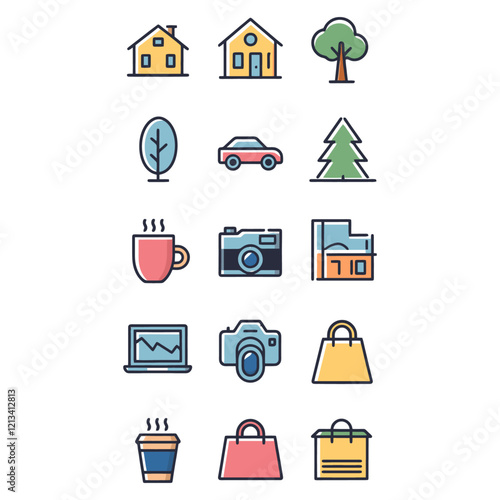 Simple Lifestyle Graphics Vector Icon Set, Lifestyle Icons Home, Travel, and Everyday Objects, Everyday Icons House, Car, Camera, and More