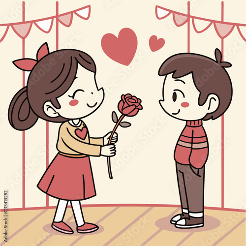 Valentine day girl and boy have a rose in hand