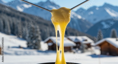 Melting Cheese Pull: Alpine Winter Scene, Rustic Charm