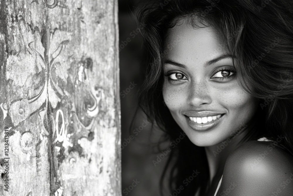Fototapeta premium Commercial digital ads creative. Long hairdo - highlighted hair. Pretty smiling mixed-race girl - for ads, magazine ad and internet use. African beauty trends. Colored hair advertising beauty.