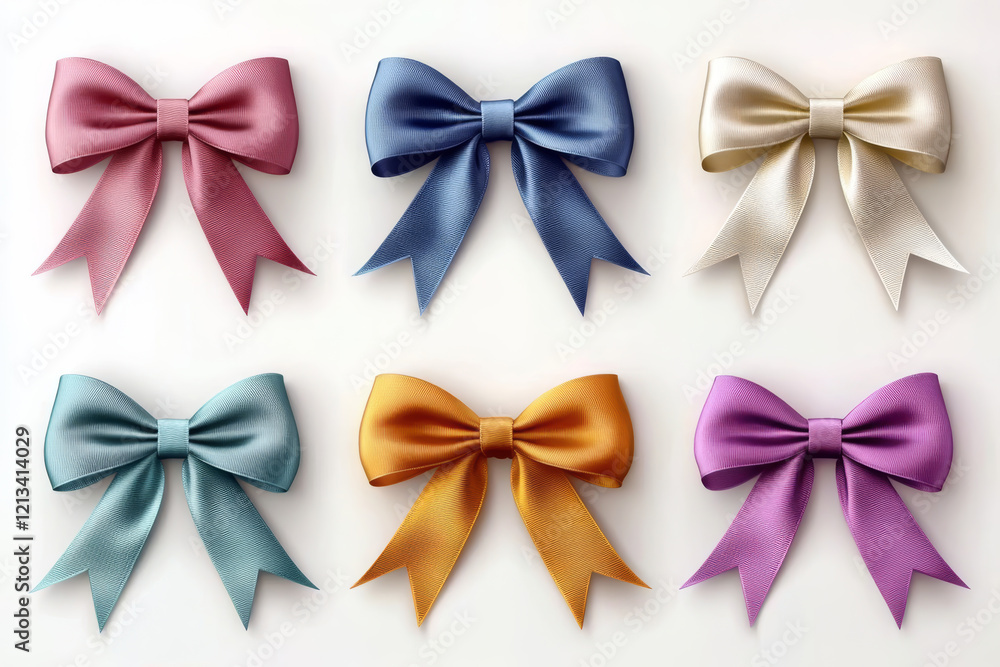 Six Colorful Satin Ribbon Bows Arranged Neatly Six Colorful Satin Ribbon Bows Arranged Neatly