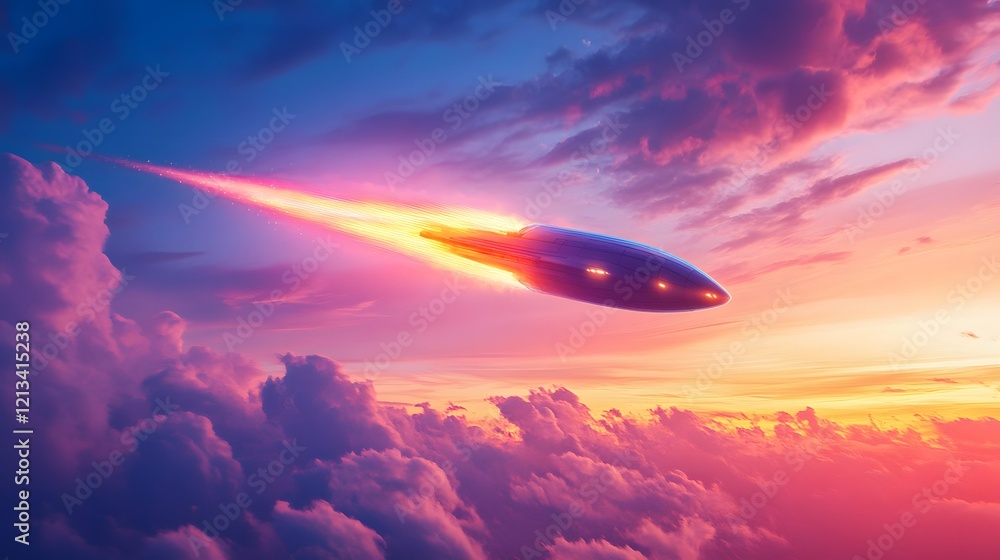 Futuristic Spaceship Soaring Through Vibrant Sunset Clouds Futuristic Spaceship Soaring Through Vibrant Sunset Clouds