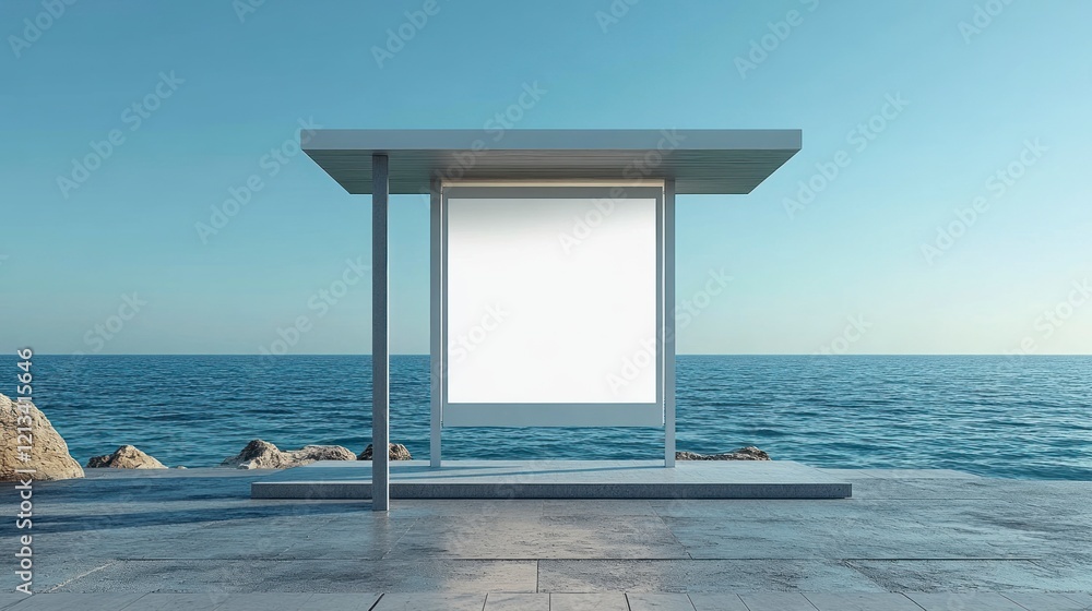 Clean and Modern Beachside Bus Stop with Vertical White Billboard Against Calm Ocean and Clear Sky Clean and Modern Beachside Bus Stop with Vertical White Billboard Against Calm Ocean and Clear Sky
