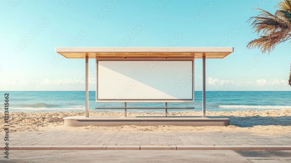 Beachside Bus Stop with Clean White Billboard Against Bright Sky and Ocean View Beachside Bus Stop with Clean White Billboard Against Bright Sky and Ocean View