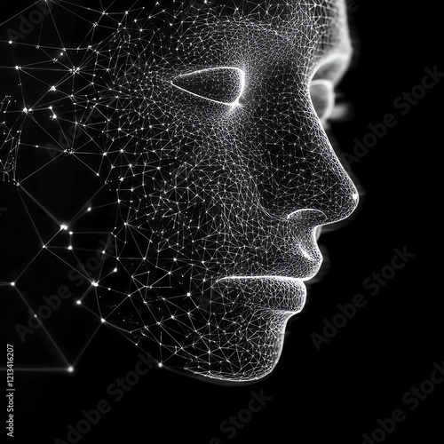 Abstract digital face profile, glowing lines and dots.