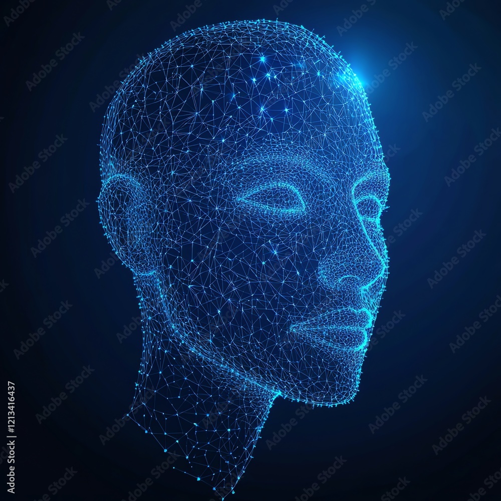 Obraz premium Abstract digital human head, glowing, polygonal, profile view.