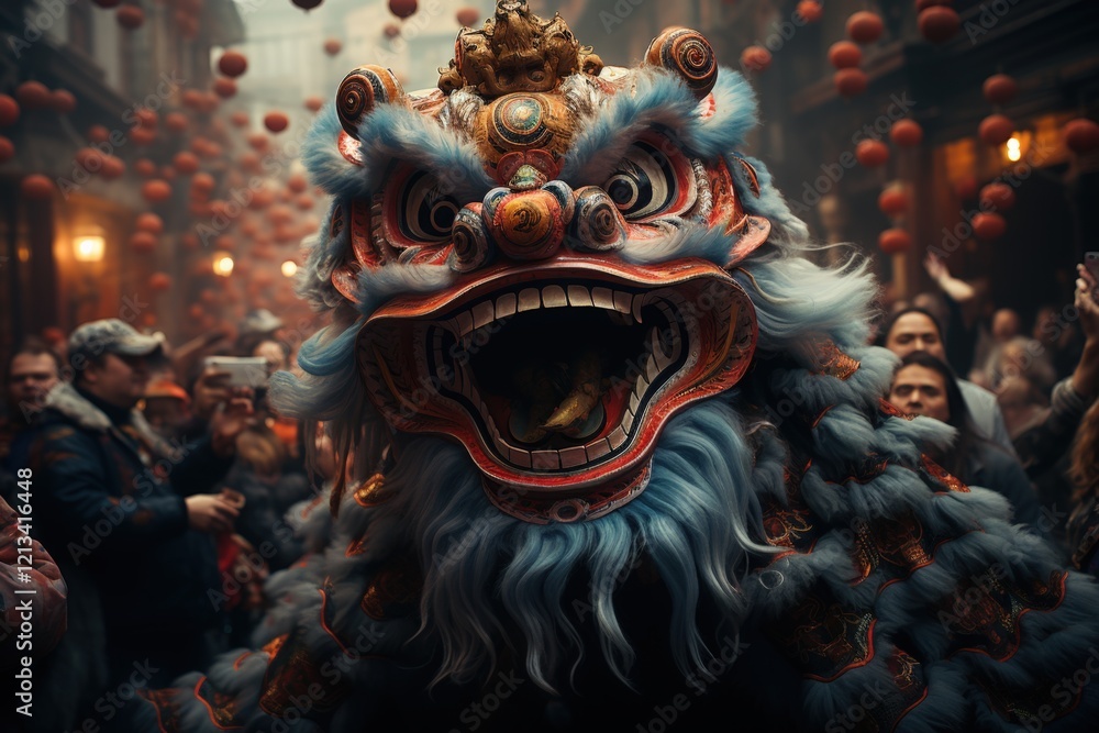 Fototapeta premium Lion Dance Parade, City Street, Festive Celebration, Lunar New Year.