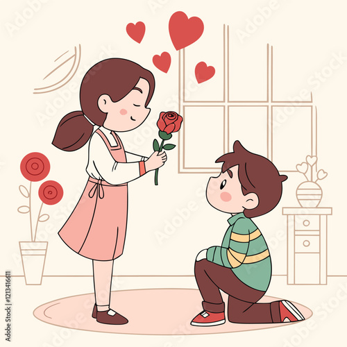 Valentine day girl and boy have a rose in hand