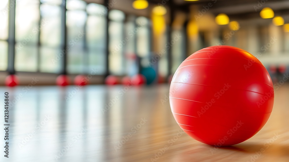 Red Exercise Ball In Fitness Studio Setting Red Exercise Ball In Fitness Studio Setting