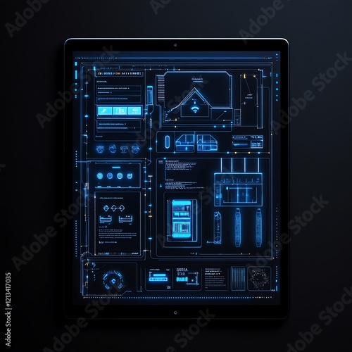 Futuristic smart home control interface on tablet.