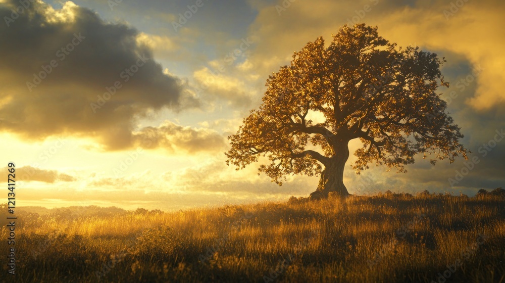 Fototapeta premium Golden Hour Solitude: A Majestic Oak Tree at Sunset