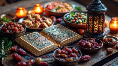 Ramadan feast Quran, dates, food, lantern, candles, wooden table